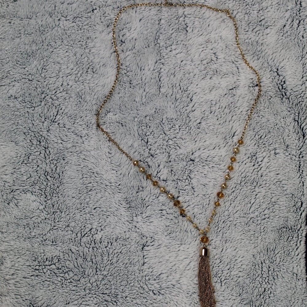 Gold Tone Metal 36" Chain, Faux Pearls & Amber-colored Beads w 3.5" Chain Tassel